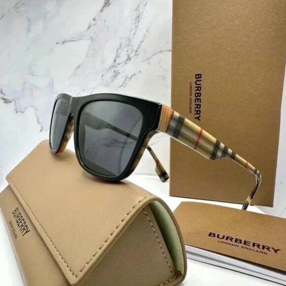 Burberry Sunglasses Black Square Classic Check Arms Brown Red White Auth… - Picture 1 of 8
